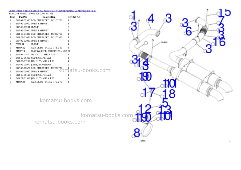 Komatsu AFE78-CL 930E-5 S/N A40308 BARRICK LUMWANA Parts catalog cover Page 10