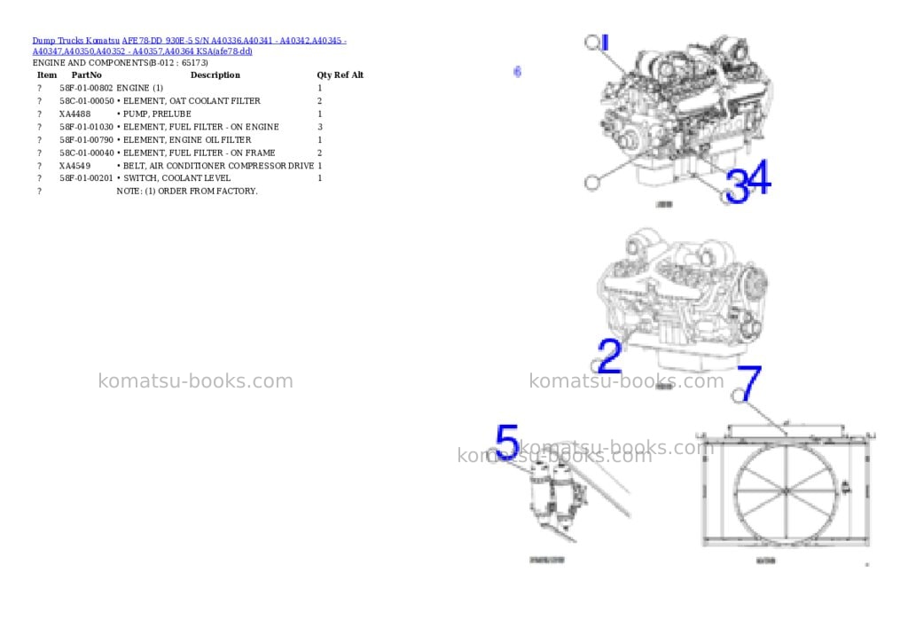 Komatsu AFE78-DD 930E-5 S/N A40336,A40341 - A40342,A40345 - A40347,A40350,A40352 - A40357,A40364 KSA Parts catalog cover Page 6 Komatsu AFE78-DD 930E-5 S/N A40336,A40341 - A40342,A40345 - A40347,A40350,A40352 - A40357,A40364 KSA Parts catalog cover Page 6