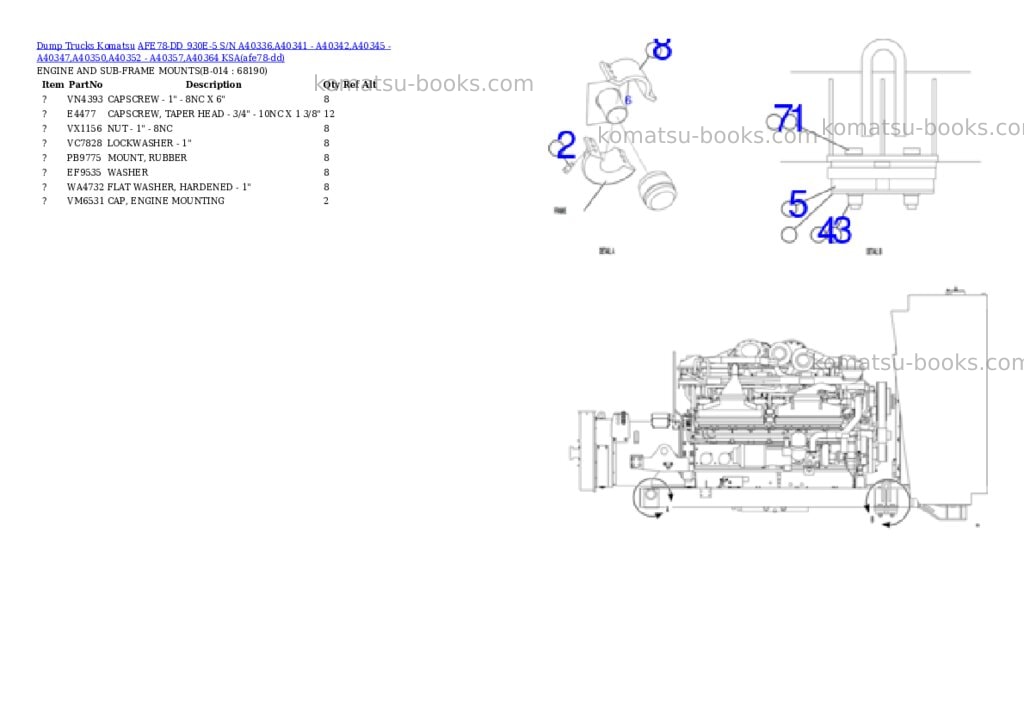 Komatsu AFE78-DD 930E-5 S/N A40336,A40341 - A40342,A40345 - A40347,A40350,A40352 - A40357,A40364 KSA Parts catalog cover Page 7 Komatsu AFE78-DD 930E-5 S/N A40336,A40341 - A40342,A40345 - A40347,A40350,A40352 - A40357,A40364 KSA Parts catalog cover Page 7