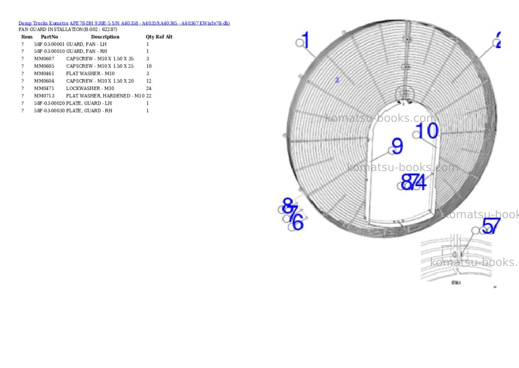 Komatsu AFE78-DH 930E-5 S/N A40358 - A40359,A40365 - A40367 KW Parts catalog cover Komatsu AFE78-DH 930E-5 S/N A40358 - A40359,A40365 - A40367 KW Parts catalog cover