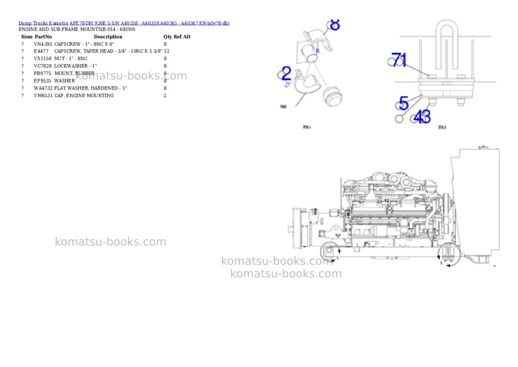 Komatsu AFE78-DH 930E-5 S/N A40358 - A40359,A40365 - A40367 KW Parts catalog cover Page 7 Komatsu AFE78-DH 930E-5 S/N A40358 - A40359,A40365 - A40367 KW Parts catalog cover Page 7