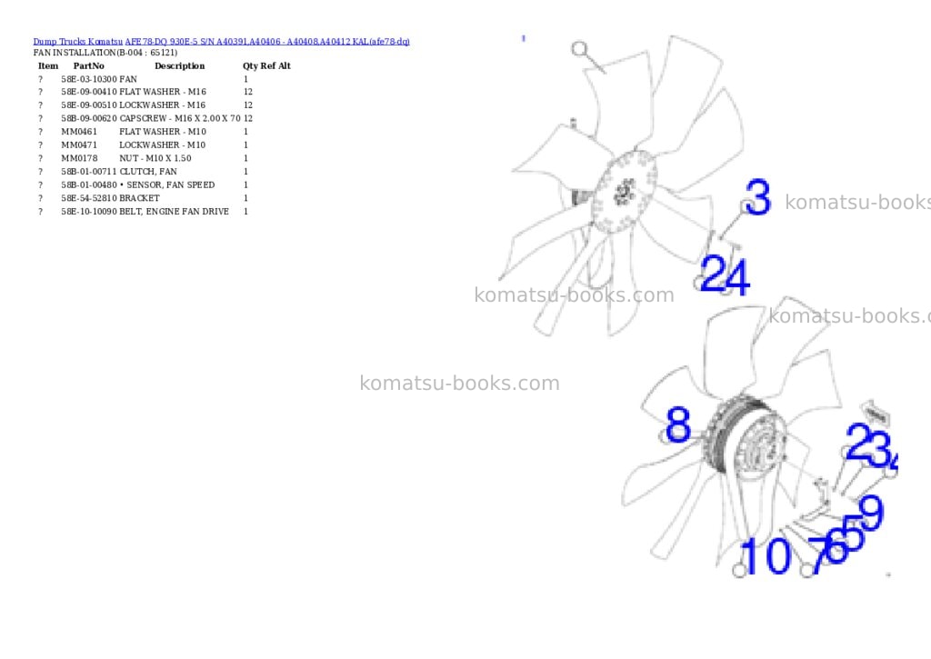 Komatsu AFE78-DQ 930E-5 S/N A40391,A40406 - A40408,A40412 KAL Parts catalog cover Page 3 Komatsu AFE78-DQ 930E-5 S/N A40391,A40406 - A40408,A40412 KAL Parts catalog cover Page 3