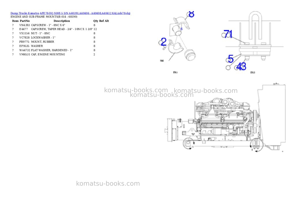 Komatsu AFE78-DQ 930E-5 S/N A40391,A40406 - A40408,A40412 KAL Parts catalog cover Page 8 Komatsu AFE78-DQ 930E-5 S/N A40391,A40406 - A40408,A40412 KAL Parts catalog cover Page 8