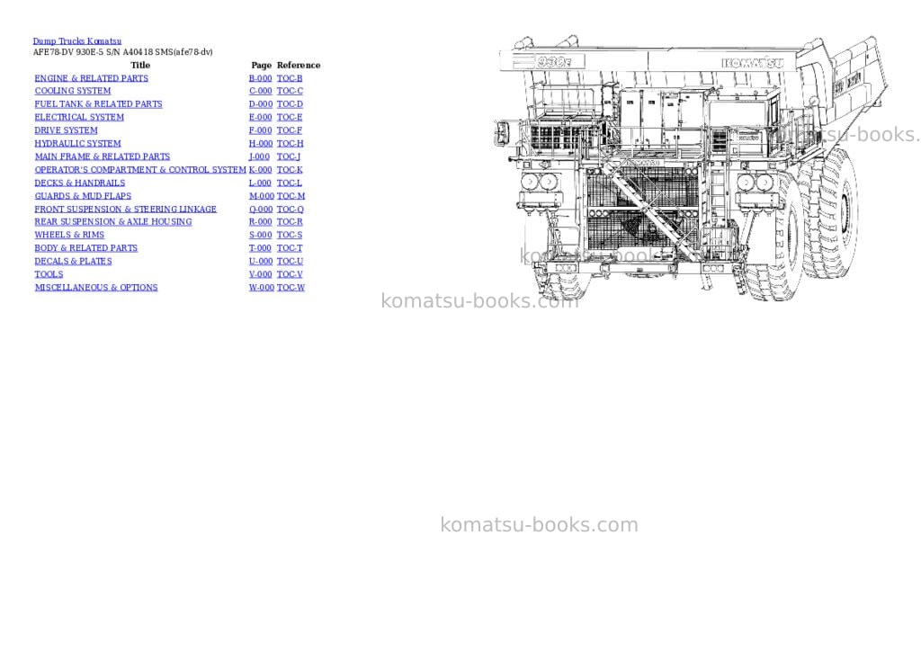 Komatsu AFE78-DV 930E-5 S/N A40418 SMS Parts catalog cover Komatsu AFE78-DV 930E-5 S/N A40418 SMS Parts catalog cover