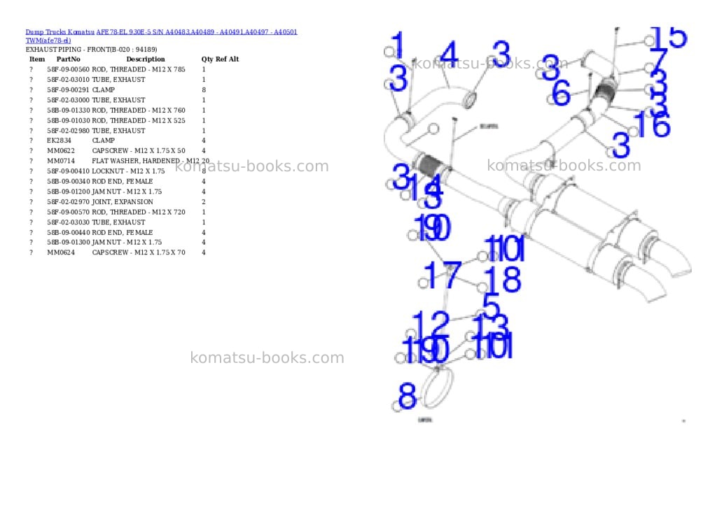 Komatsu AFE78-EL 930E-5 S/N A40483,A40489 - A40491,A40497 - A40501 TWM Parts catalog cover Page 10 Komatsu AFE78-EL 930E-5 S/N A40483,A40489 - A40491,A40497 - A40501 TWM Parts catalog cover Page 10