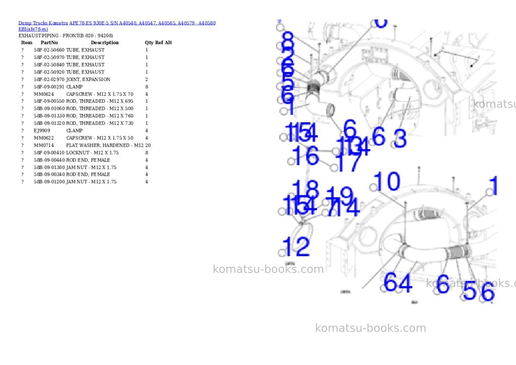 Komatsu AFE78-ES 930E-5 S/N A40540, A40547, A40565, A40579 - A40580 KBI Parts catalog cover Page 10 Komatsu AFE78-ES 930E-5 S/N A40540, A40547, A40565, A40579 - A40580 KBI Parts catalog cover Page 10