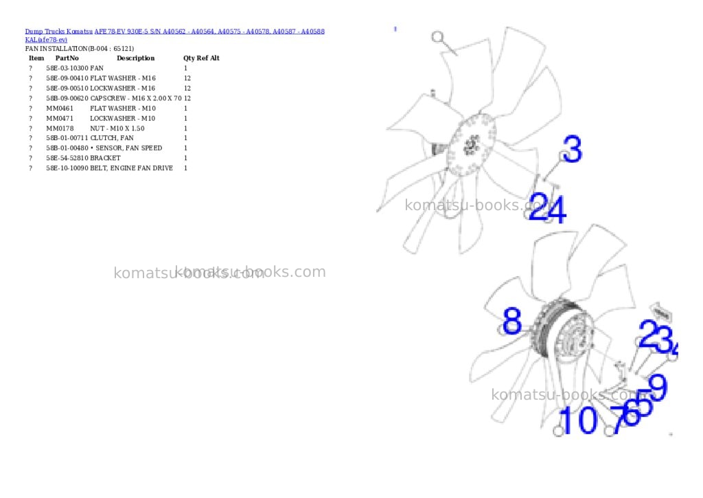 Komatsu AFE78-EV 930E-5 S/N A40562 - A40564, A40575 - A40578, A40587 - A40588 KAL Parts catalog cover Page 2 Komatsu AFE78-EV 930E-5 S/N A40562 - A40564, A40575 - A40578, A40587 - A40588 KAL Parts catalog cover Page 2