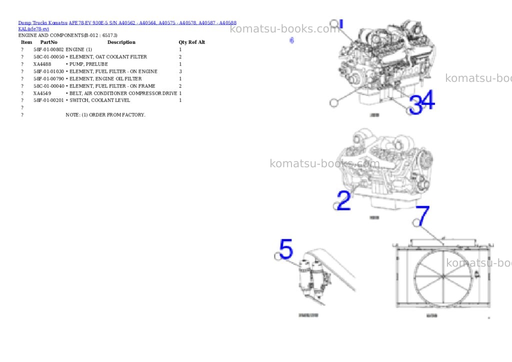 Komatsu AFE78-EV 930E-5 S/N A40562 - A40564, A40575 - A40578, A40587 - A40588 KAL Parts catalog cover Page 6 Komatsu AFE78-EV 930E-5 S/N A40562 - A40564, A40575 - A40578, A40587 - A40588 KAL Parts catalog cover Page 6