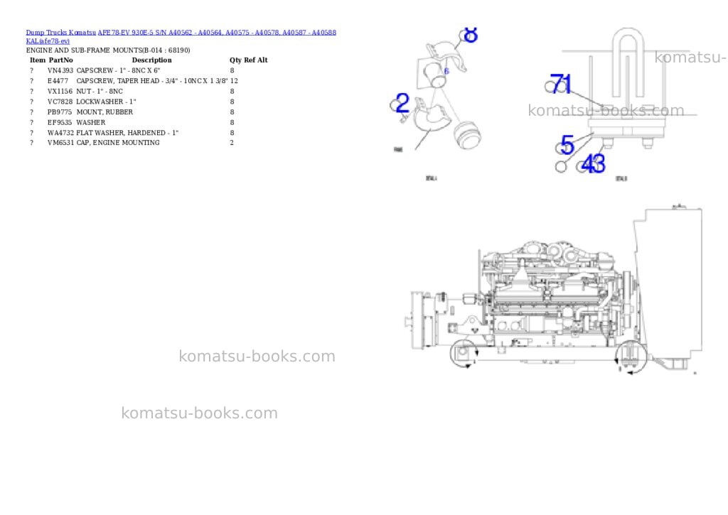 Komatsu AFE78-EV 930E-5 S/N A40562 - A40564, A40575 - A40578, A40587 - A40588 KAL Parts catalog cover Page 7 Komatsu AFE78-EV 930E-5 S/N A40562 - A40564, A40575 - A40578, A40587 - A40588 KAL Parts catalog cover Page 7