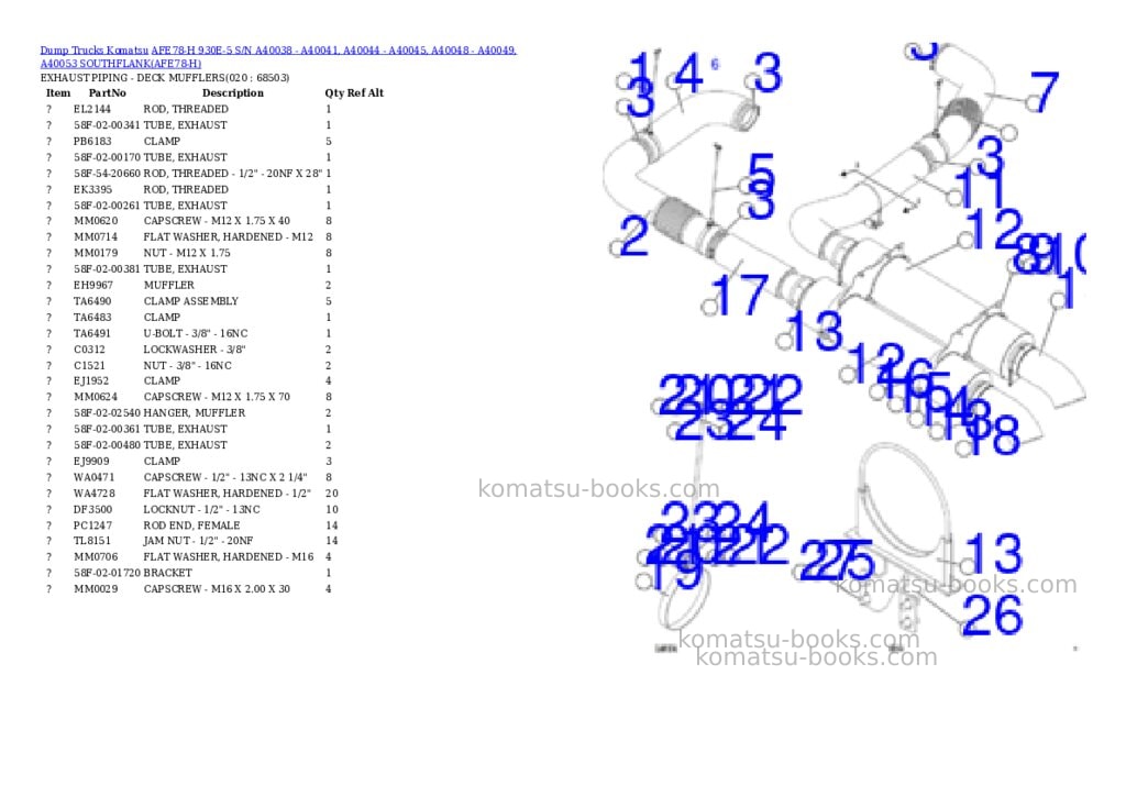 Komatsu AFE78-H 930E-5 S/N A40038 - A40041, A40044 - A40045, A40048 - A40049, A40053 SOUTHFLANK Parts catalog cover Page 10 Komatsu AFE78-H 930E-5 S/N A40038 - A40041, A40044 - A40045, A40048 - A40049, A40053 SOUTHFLANK Parts catalog cover Page 10