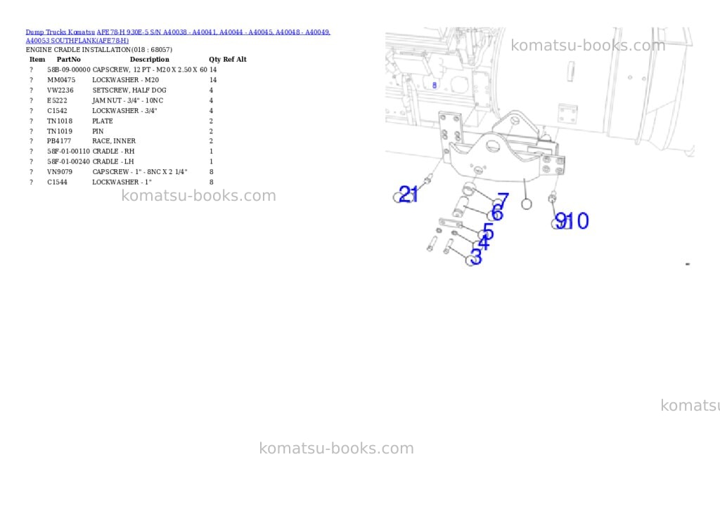 Komatsu AFE78-H 930E-5 S/N A40038 - A40041, A40044 - A40045, A40048 - A40049, A40053 SOUTHFLANK Parts catalog cover Page 9 Komatsu AFE78-H 930E-5 S/N A40038 - A40041, A40044 - A40045, A40048 - A40049, A40053 SOUTHFLANK Parts catalog cover Page 9