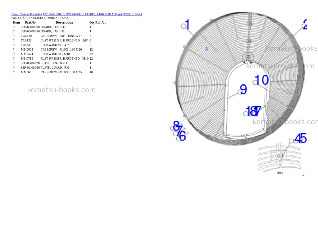 Komatsu AFE78-K 930E-5 S/N A40046 - A40047, A40050 BLACKWATER Parts catalog cover