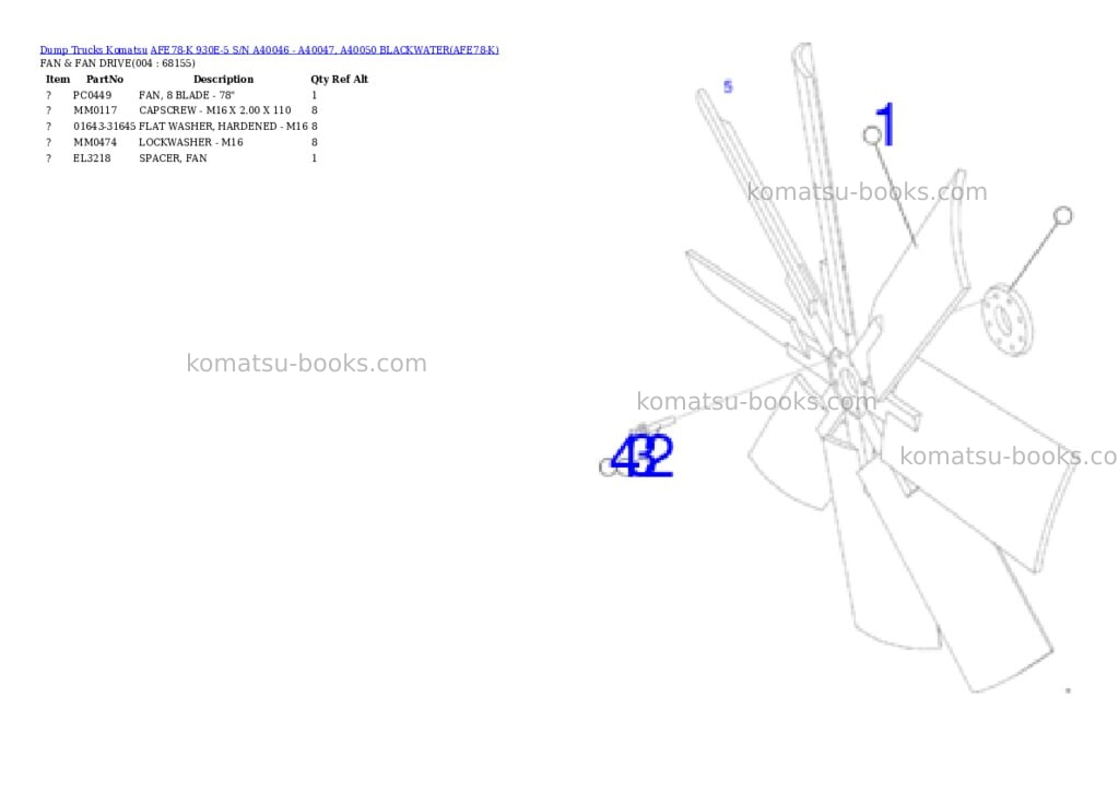 Komatsu AFE78-K 930E-5 S/N A40046 - A40047, A40050 BLACKWATER Parts catalog cover Page 2
