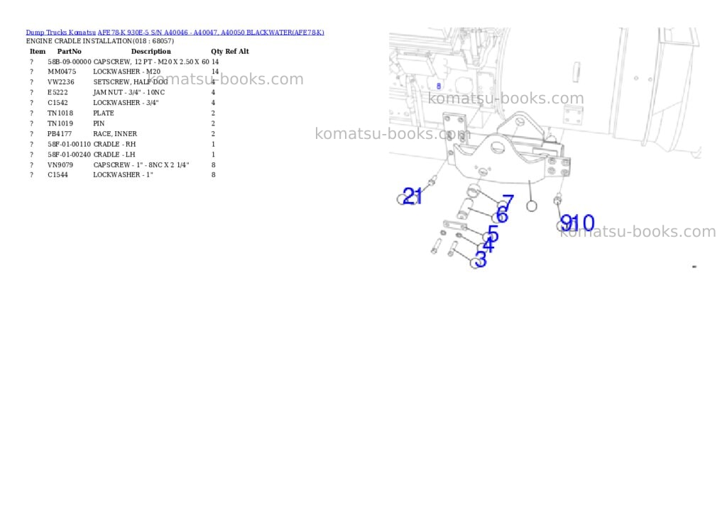 Komatsu AFE78-K 930E-5 S/N A40046 - A40047, A40050 BLACKWATER Parts catalog cover Page 9