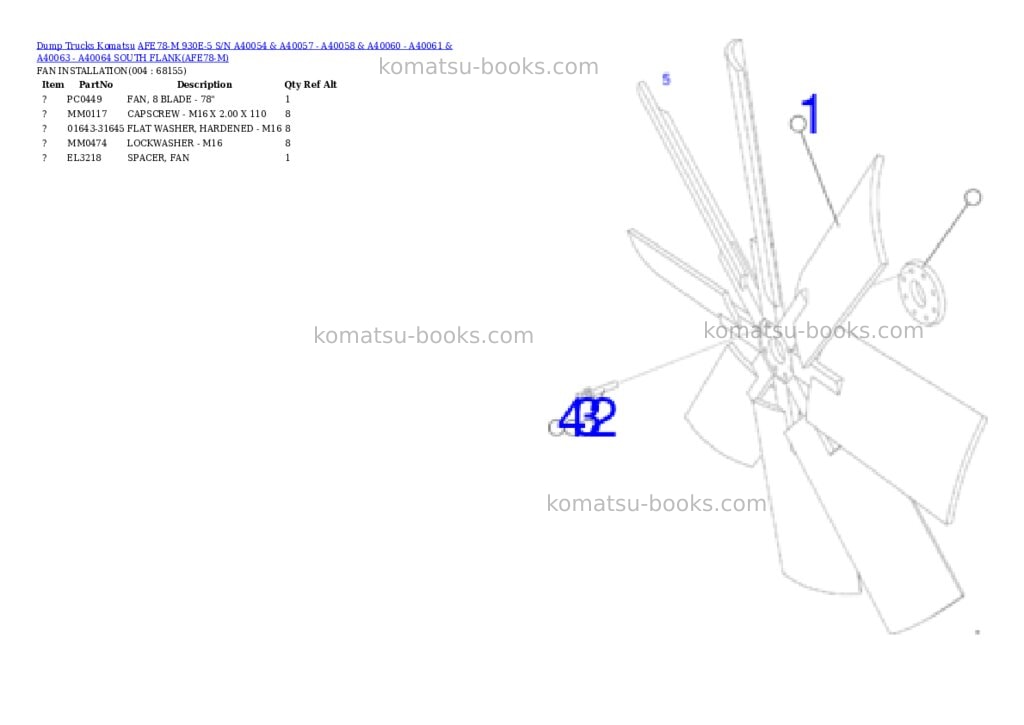 Komatsu AFE78-M 930E-5 S/N A40054 & A40057 - A40058 & A40060 - A40061 & A40063 - A40064 SOUTH FLANK Parts catalog cover Page 2 Komatsu AFE78-M 930E-5 S/N A40054 & A40057 - A40058 & A40060 - A40061 & A40063 - A40064 SOUTH FLANK Parts catalog cover Page 2
