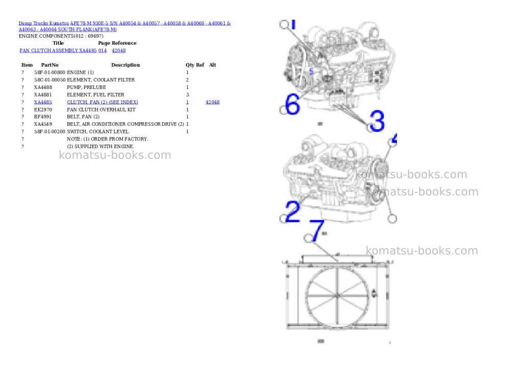 Komatsu AFE78-M 930E-5 S/N A40054 & A40057 - A40058 & A40060 - A40061 & A40063 - A40064 SOUTH FLANK Parts catalog cover Page 6 Komatsu AFE78-M 930E-5 S/N A40054 & A40057 - A40058 & A40060 - A40061 & A40063 - A40064 SOUTH FLANK Parts catalog cover Page 6