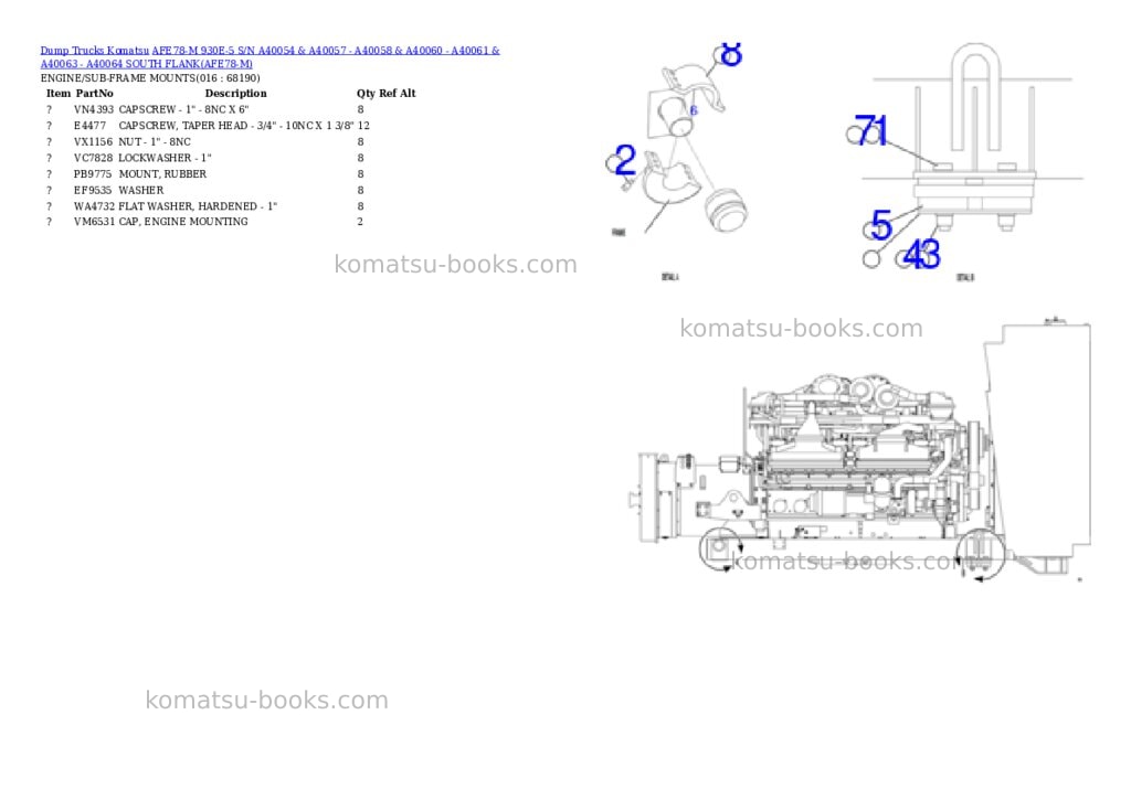 Komatsu AFE78-M 930E-5 S/N A40054 & A40057 - A40058 & A40060 - A40061 & A40063 - A40064 SOUTH FLANK Parts catalog cover Page 8 Komatsu AFE78-M 930E-5 S/N A40054 & A40057 - A40058 & A40060 - A40061 & A40063 - A40064 SOUTH FLANK Parts catalog cover Page 8