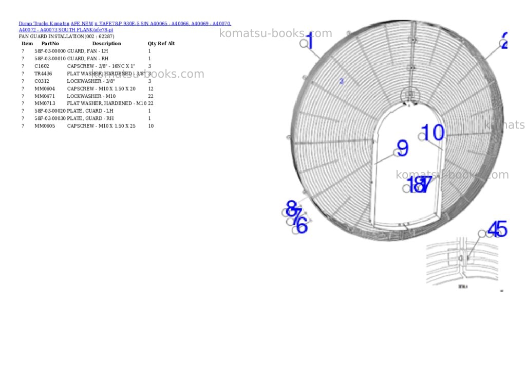Komatsu п ?їAFE78-P 930E-5 S/N A40065 - A40066, A40069 - A40070, A40072 - A40073 SOUTH FLANK Parts catalog cover Komatsu п ?їAFE78-P 930E-5 S/N A40065 - A40066, A40069 - A40070, A40072 - A40073 SOUTH FLANK Parts catalog cover