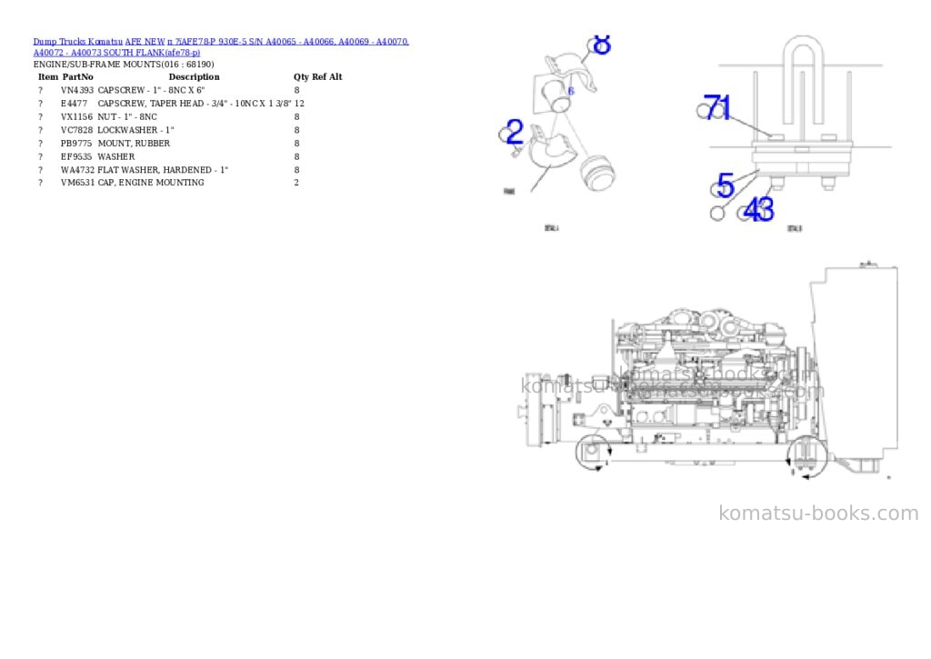 Komatsu п ?їAFE78-P 930E-5 S/N A40065 - A40066, A40069 - A40070, A40072 - A40073 SOUTH FLANK Parts catalog cover Page 8 Komatsu п ?їAFE78-P 930E-5 S/N A40065 - A40066, A40069 - A40070, A40072 - A40073 SOUTH FLANK Parts catalog cover Page 8