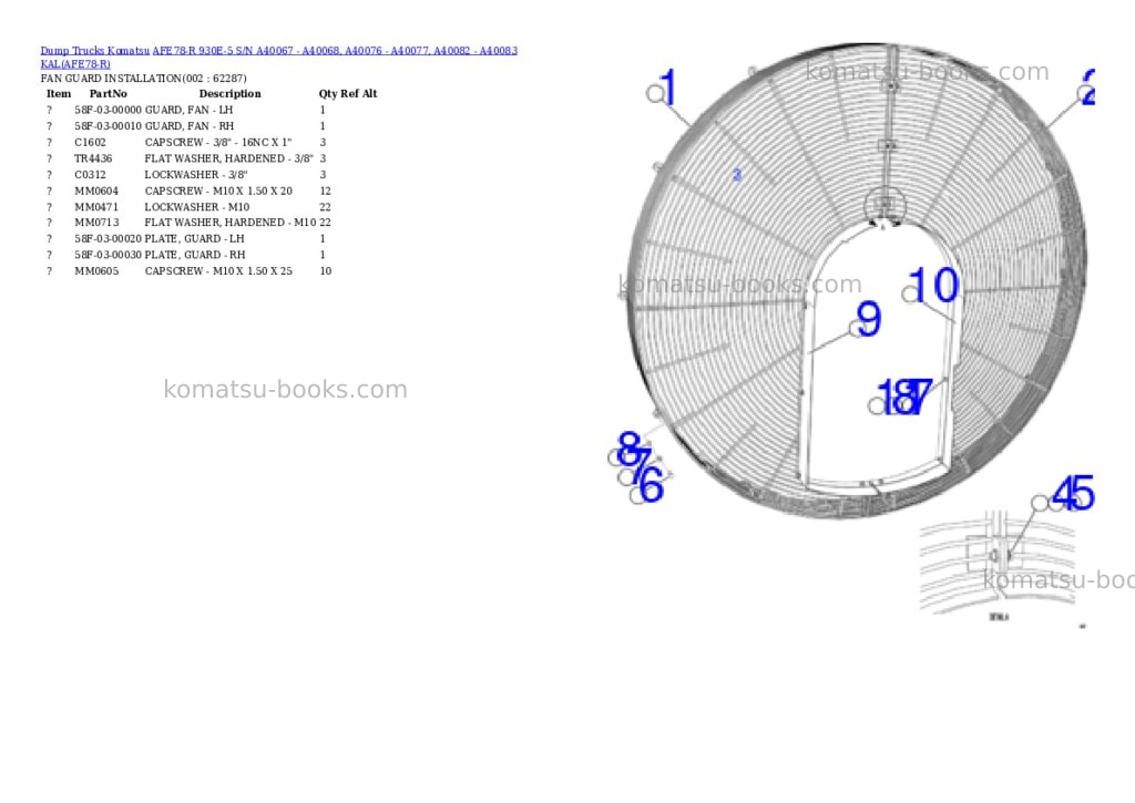 Komatsu AFE78-R 930E-5 S/N A40067 - A40068, A40076 - A40077, A40082 - A40083 KAL Parts catalog cover Komatsu AFE78-R 930E-5 S/N A40067 - A40068, A40076 - A40077, A40082 - A40083 KAL Parts catalog cover