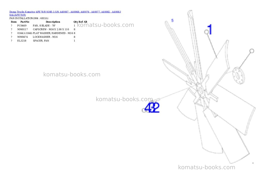 Komatsu AFE78-R 930E-5 S/N A40067 - A40068, A40076 - A40077, A40082 - A40083 KAL Parts catalog cover Page 2 Komatsu AFE78-R 930E-5 S/N A40067 - A40068, A40076 - A40077, A40082 - A40083 KAL Parts catalog cover Page 2