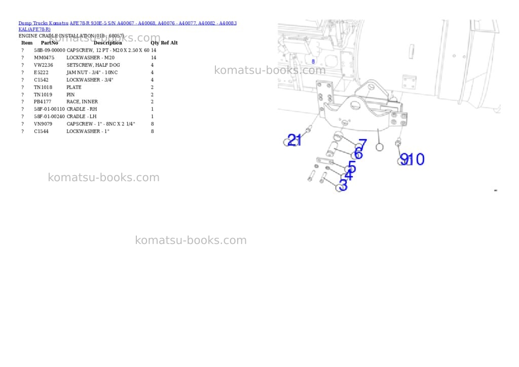 Komatsu AFE78-R 930E-5 S/N A40067 - A40068, A40076 - A40077, A40082 - A40083 KAL Parts catalog cover Page 9 Komatsu AFE78-R 930E-5 S/N A40067 - A40068, A40076 - A40077, A40082 - A40083 KAL Parts catalog cover Page 9
