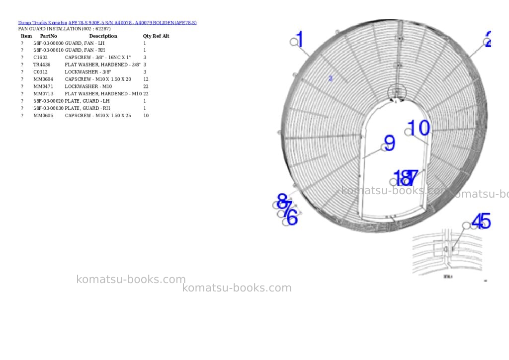 Komatsu AFE78-S 930E-5 S/N A40078 - A40079 BOLIDEN Parts catalog cover Komatsu AFE78-S 930E-5 S/N A40078 - A40079 BOLIDEN Parts catalog cover