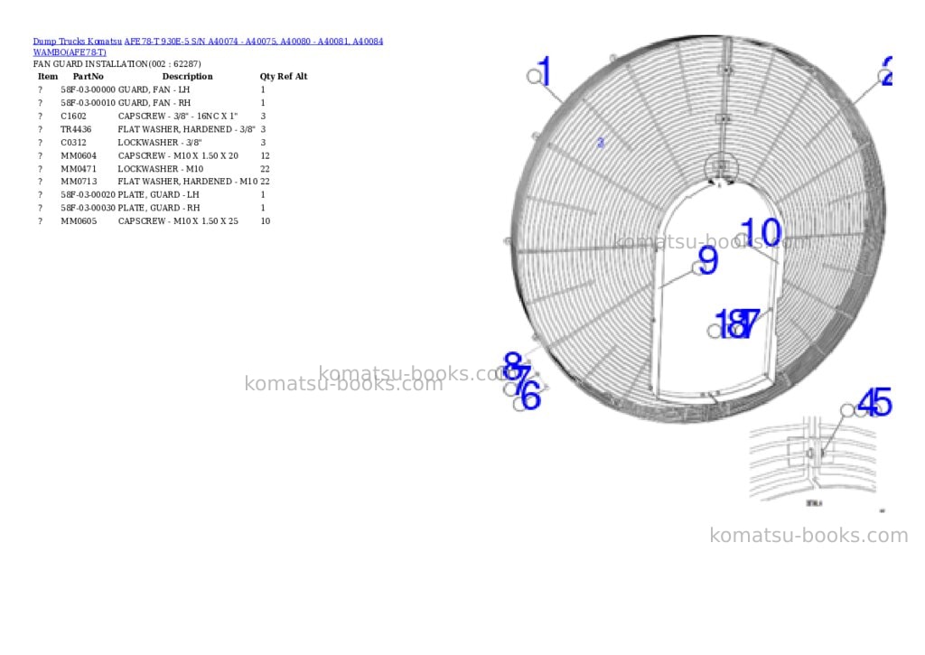Komatsu AFE78-T 930E-5 S/N A40074 - A40075, A40080 - A40081, A40084 WAMBO Parts catalog cover Komatsu AFE78-T 930E-5 S/N A40074 - A40075, A40080 - A40081, A40084 WAMBO Parts catalog cover