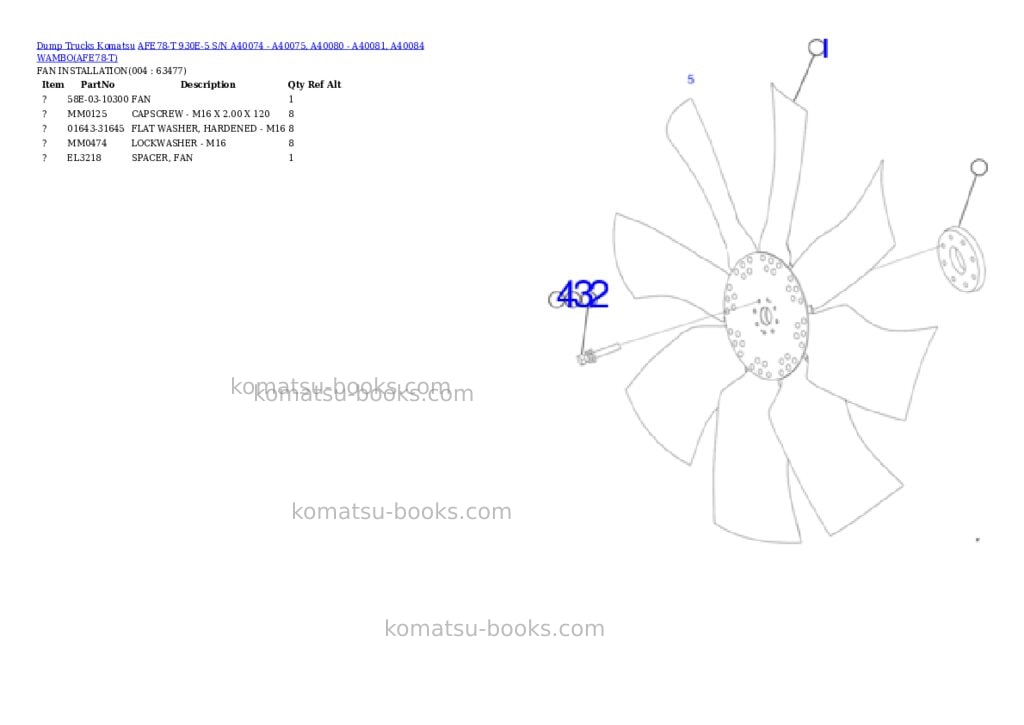 Komatsu AFE78-T 930E-5 S/N A40074 - A40075, A40080 - A40081, A40084 WAMBO Parts catalog cover Page 2 Komatsu AFE78-T 930E-5 S/N A40074 - A40075, A40080 - A40081, A40084 WAMBO Parts catalog cover Page 2