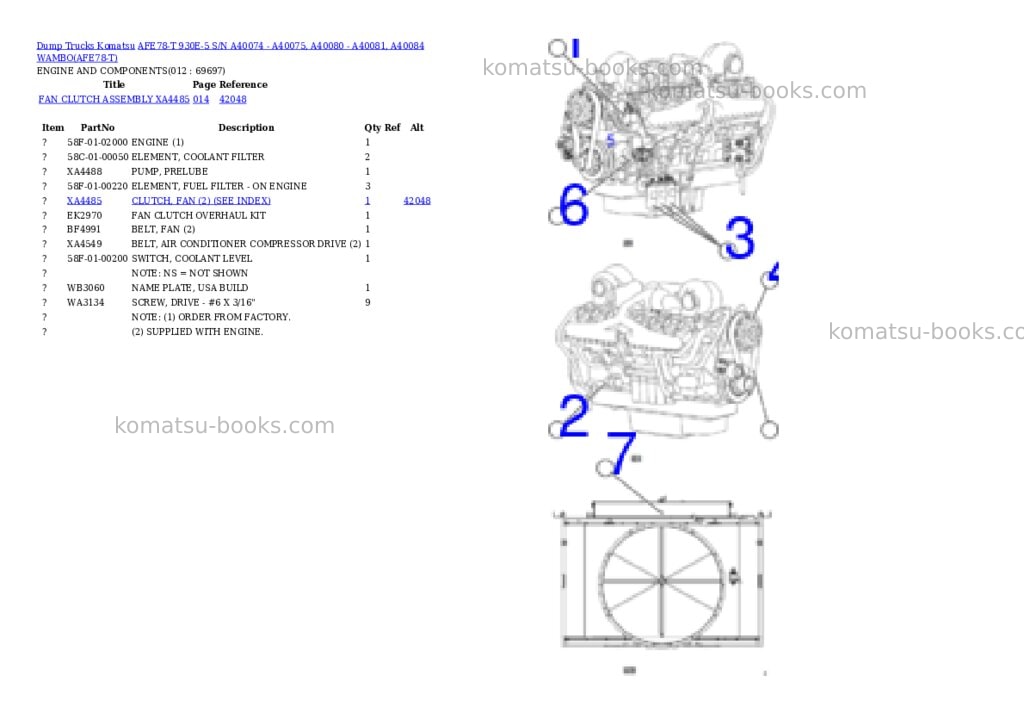 Komatsu AFE78-T 930E-5 S/N A40074 - A40075, A40080 - A40081, A40084 WAMBO Parts catalog cover Page 6 Komatsu AFE78-T 930E-5 S/N A40074 - A40075, A40080 - A40081, A40084 WAMBO Parts catalog cover Page 6