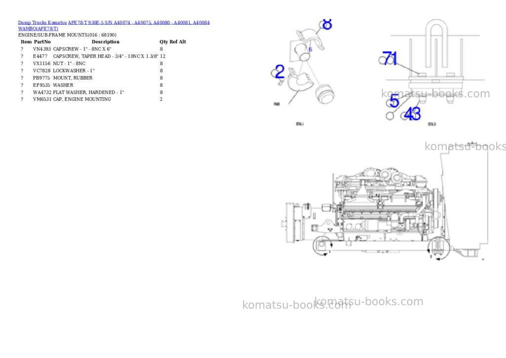 Komatsu AFE78-T 930E-5 S/N A40074 - A40075, A40080 - A40081, A40084 WAMBO Parts catalog cover Page 8 Komatsu AFE78-T 930E-5 S/N A40074 - A40075, A40080 - A40081, A40084 WAMBO Parts catalog cover Page 8