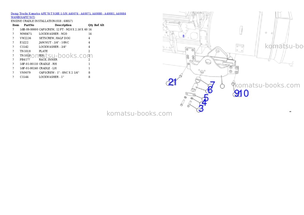 Komatsu AFE78-T 930E-5 S/N A40074 - A40075, A40080 - A40081, A40084 WAMBO Parts catalog cover Page 9 Komatsu AFE78-T 930E-5 S/N A40074 - A40075, A40080 - A40081, A40084 WAMBO Parts catalog cover Page 9