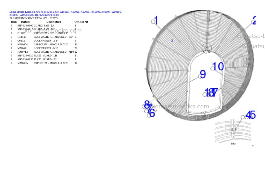 Komatsu AFE78-U 930E-5 S/N A40085 - A40086, A40091 - A40093, A40097 - A40100, A40103 - A40104 SOUTH FLANK Parts catalog cover Komatsu AFE78-U 930E-5 S/N A40085 - A40086, A40091 - A40093, A40097 - A40100, A40103 - A40104 SOUTH FLANK Parts catalog cover