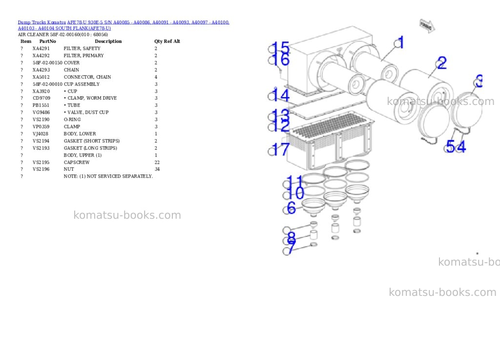 Komatsu AFE78-U 930E-5 S/N A40085 - A40086, A40091 - A40093, A40097 - A40100, A40103 - A40104 SOUTH FLANK Parts catalog cover Page 5 Komatsu AFE78-U 930E-5 S/N A40085 - A40086, A40091 - A40093, A40097 - A40100, A40103 - A40104 SOUTH FLANK Parts catalog cover Page 5