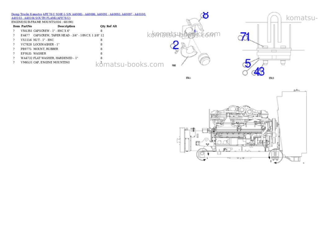 Komatsu AFE78-U 930E-5 S/N A40085 - A40086, A40091 - A40093, A40097 - A40100, A40103 - A40104 SOUTH FLANK Parts catalog cover Page 8 Komatsu AFE78-U 930E-5 S/N A40085 - A40086, A40091 - A40093, A40097 - A40100, A40103 - A40104 SOUTH FLANK Parts catalog cover Page 8
