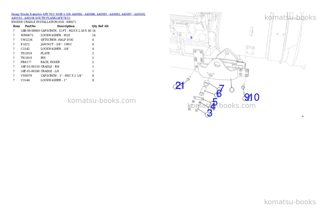 Komatsu AFE78-U 930E-5 S/N A40085 - A40086, A40091 - A40093, A40097 - A40100, A40103 - A40104 SOUTH FLANK Parts catalog cover Page 9 Komatsu AFE78-U 930E-5 S/N A40085 - A40086, A40091 - A40093, A40097 - A40100, A40103 - A40104 SOUTH FLANK Parts catalog cover Page 9