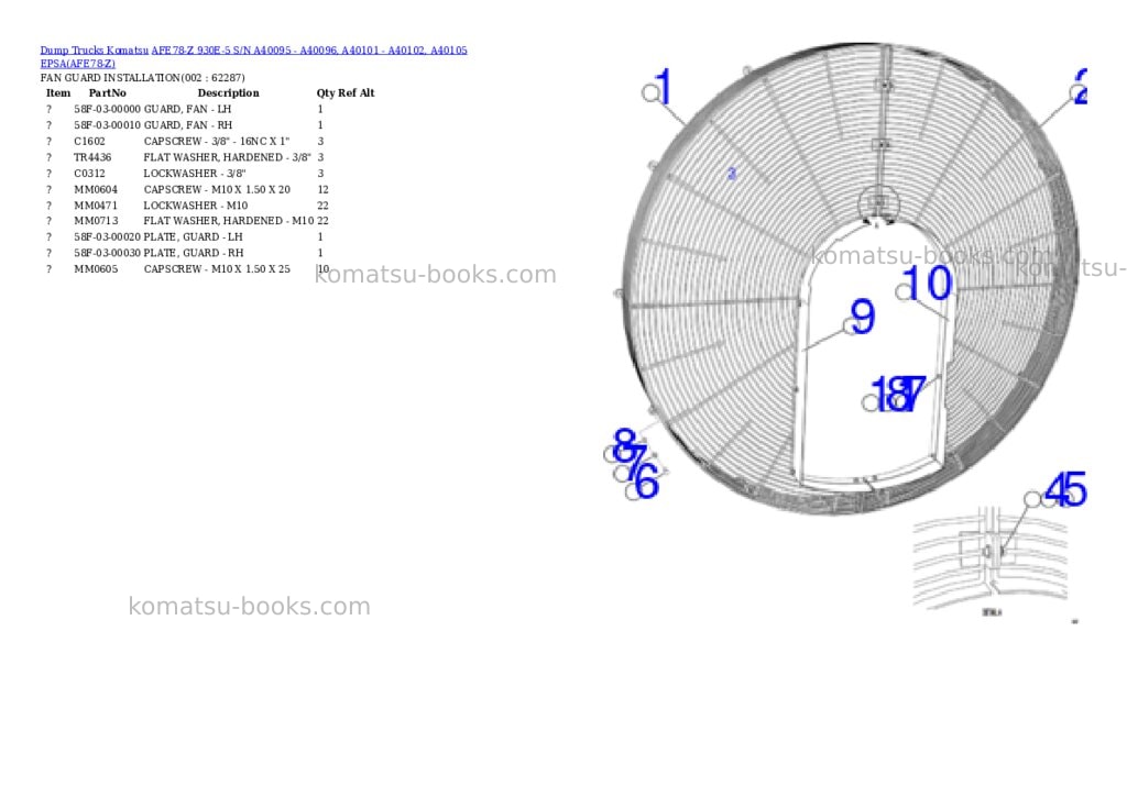 Komatsu AFE78-Z 930E-5 S/N A40095 - A40096, A40101 - A40102, A40105 EPSA Parts catalog cover Komatsu AFE78-Z 930E-5 S/N A40095 - A40096, A40101 - A40102, A40105 EPSA Parts catalog cover