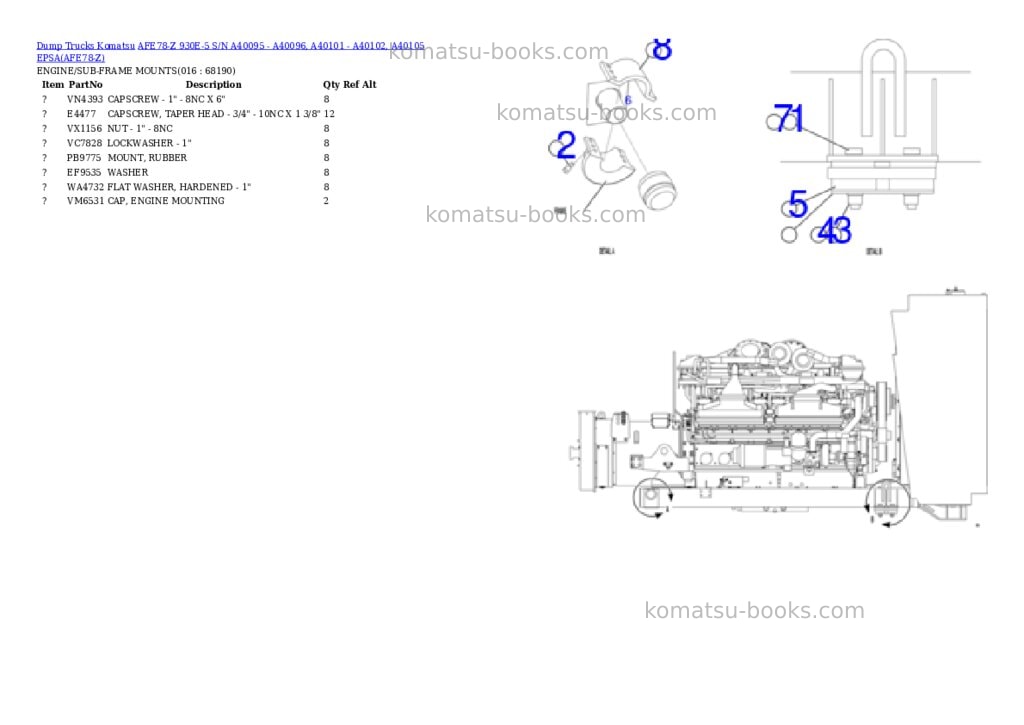 Komatsu AFE78-Z 930E-5 S/N A40095 - A40096, A40101 - A40102, A40105 EPSA Parts catalog cover Page 8 Komatsu AFE78-Z 930E-5 S/N A40095 - A40096, A40101 - A40102, A40105 EPSA Parts catalog cover Page 8