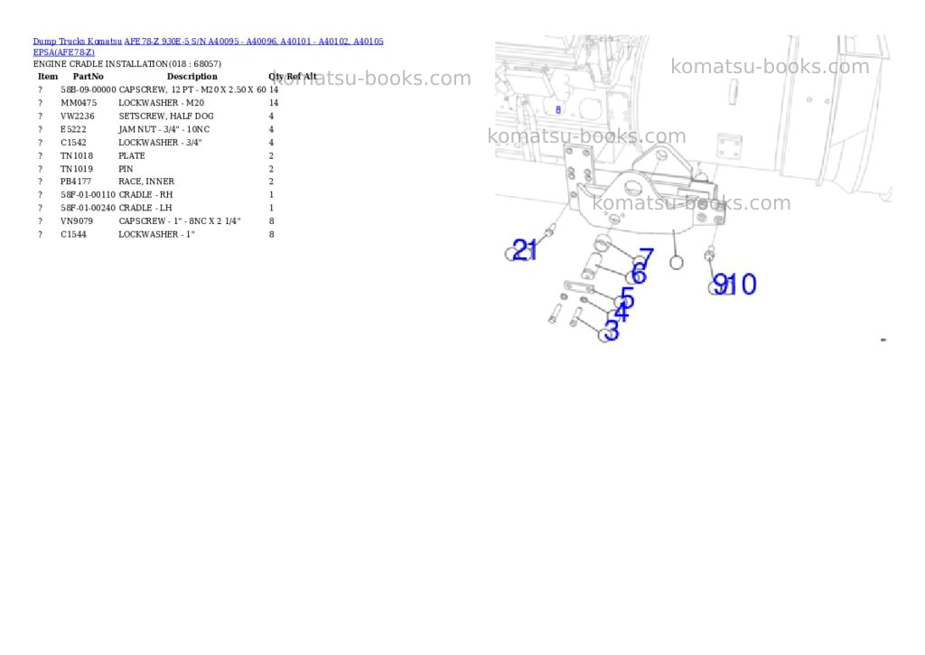 Komatsu AFE78-Z 930E-5 S/N A40095 - A40096, A40101 - A40102, A40105 EPSA Parts catalog cover Page 9 Komatsu AFE78-Z 930E-5 S/N A40095 - A40096, A40101 - A40102, A40105 EPSA Parts catalog cover Page 9