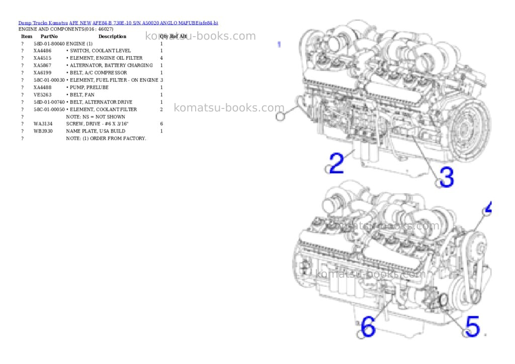 Komatsu AFE84-B 730E-10 S/N A50020 ANGLO MAFUBE Parts catalog cover Page 8