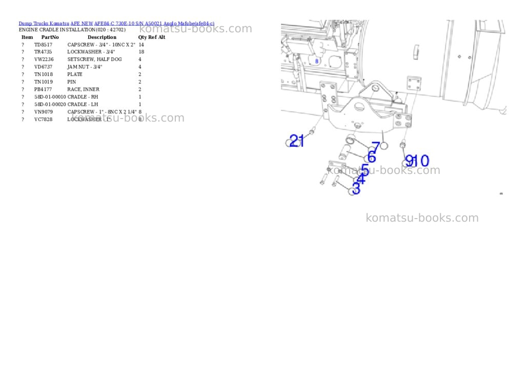 Komatsu AFE84-C 730E-10 S/N A50021 Anglo Mafube Parts catalog cover Page 10