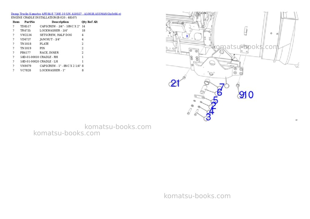 Komatsu AFE84-E 730E-10 S/N A50037 - A50038,ASSMANG Parts catalog cover Page 10 Komatsu AFE84-E 730E-10 S/N A50037 - A50038,ASSMANG Parts catalog cover Page 10