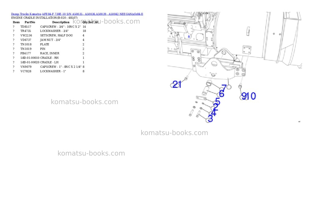 Komatsu AFE84-F 730E-10 S/N A50035 - A50036,A50039 - A50042 NEEGAN Parts catalog cover Page 10 Komatsu AFE84-F 730E-10 S/N A50035 - A50036,A50039 - A50042 NEEGAN Parts catalog cover Page 10