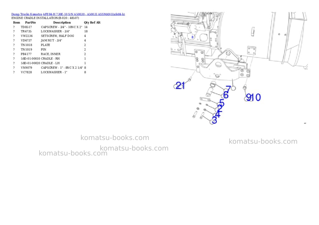 Komatsu AFE84-H 730E-10 S/N A50030 - A50031 ASSMANG Parts catalog cover Page 10