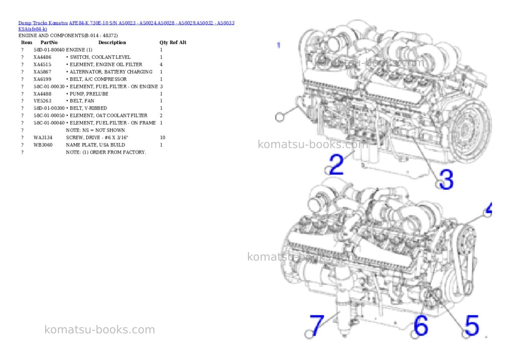 Komatsu AFE84-K 730E-10 S/N A50023 - A50024,A50028 - A50029,A50032 - A50033 KSA Parts catalog cover Page 7 Komatsu AFE84-K 730E-10 S/N A50023 - A50024,A50028 - A50029,A50032 - A50033 KSA Parts catalog cover Page 7
