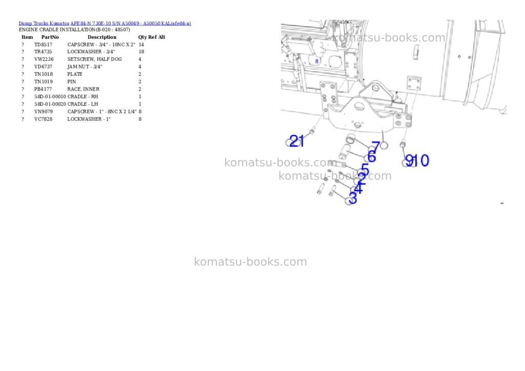 Komatsu AFE84-N 730E-10 S/N A50049 - A50050 KAL Parts catalog cover Page 10
