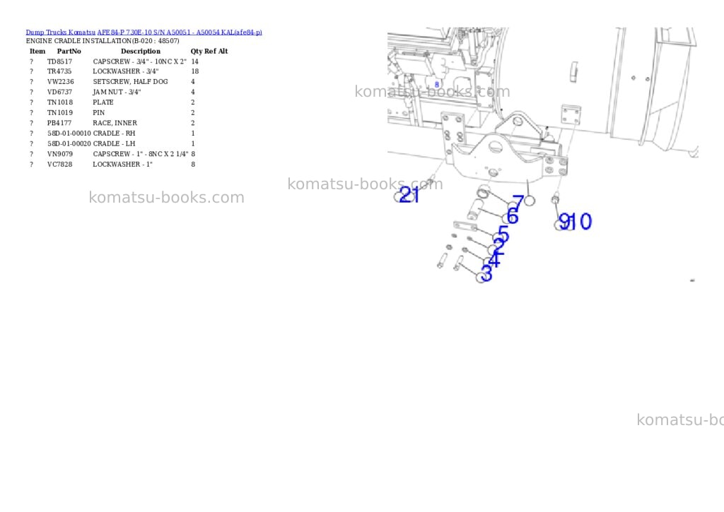 Komatsu AFE84-P 730E-10 S/N A50051 - A50054 KAL Parts catalog cover Page 10