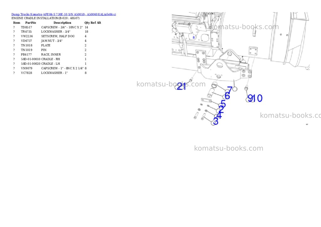Komatsu AFE84-S 730E-10 S/N A50059 - A50060 KAL Parts catalog cover Page 10