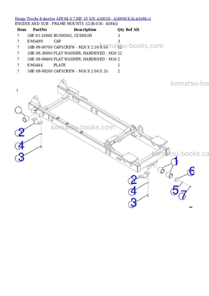 Komatsu AFE84-S 730E-10 S/N A50059 - A50060 KAL Parts catalog cover Page 8