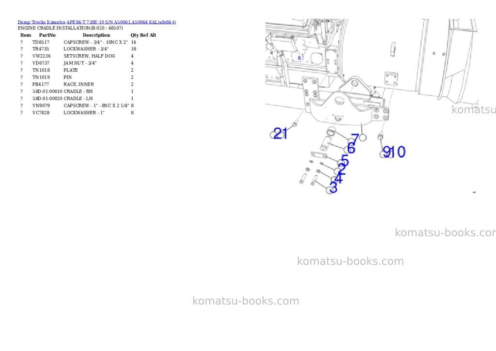Komatsu AFE84-T 730E-10 S/N A50061,A50064 KAL Parts catalog cover Page 10